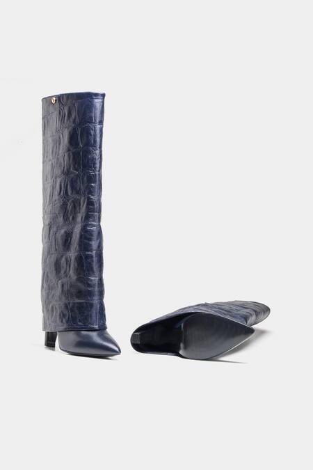 Buy_Oroh_Blue Katherine Crocodile Textured Genuine Leather Long Boots _Online_at_Aza_Fashions