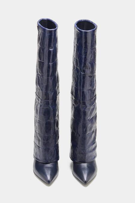 Shop_Oroh_Blue Katherine Crocodile Textured Genuine Leather Long Boots _Online_at_Aza_Fashions