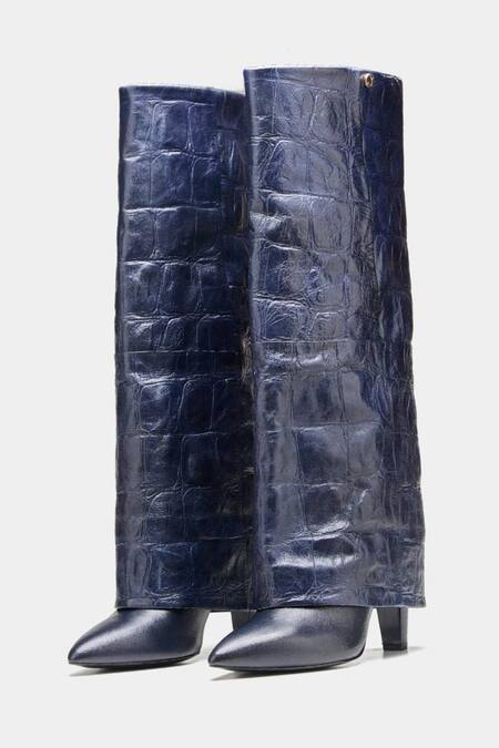 Oroh_Blue Katherine Crocodile Textured Genuine Leather Long Boots _at_Aza_Fashions
