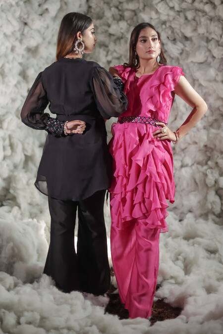 Negra Elegante Pink Organza, Chanderi Round Ruffle Top And Pant Set Online at Aza Fashions Negra Elegante_Pink Organza, Chanderi Round Ruffle Top And Pant Set_Online_at_Aza_Fashions