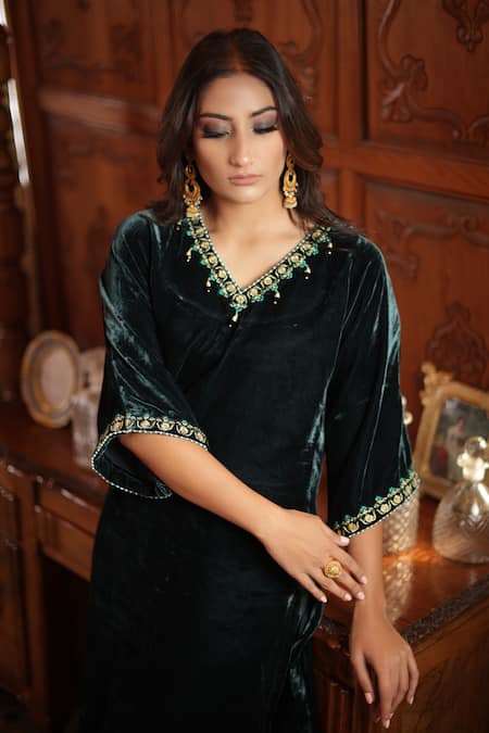 Buy Negra Elegante Green Velvet, Modal Pearl, Sequin And Zari Work, Straight Kaftan & Palazzo Set Online at Aza Fashions Buy_Negra Elegante_Green Velvet, Modal Pearl, Sequin And Zari Work, Straight Kaftan & Palazzo Set _Online_at_Aza_Fashions