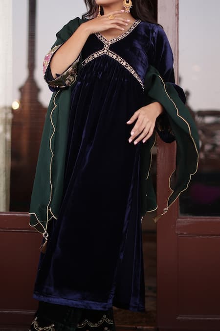 Negra Elegante Blue Silk Velvet, Dupatta Organza Pearl, Embroidered Anarkali Palazzo Set at Aza Fashions Negra Elegante_Blue Silk Velvet, Dupatta Organza Pearl, Embroidered Anarkali Palazzo Set _at_Aza_Fashions