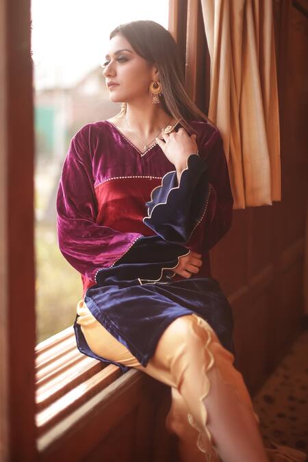 Negra Elegante_Multi Color Velvet, Modal Zari Work V Neck Panelled Kurta And Dhoti Pant Set_Online_at_Aza_Fashions