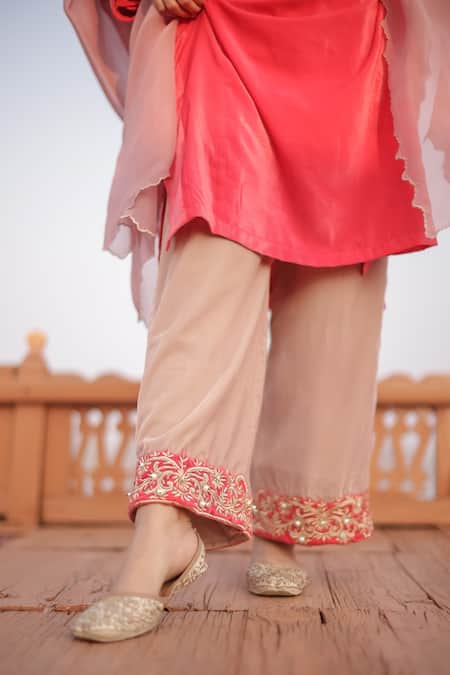 Negra Elegante_Red Organza, Velvet Pearl, Sequin And Zari Work Notched Embroidered Phiran Set_at_Aza_Fashions