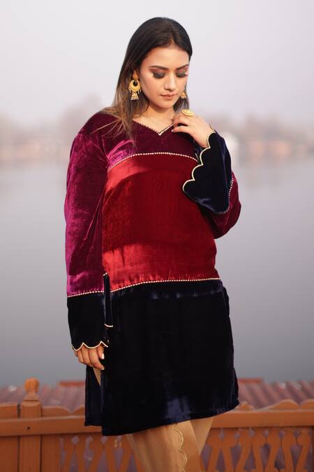 Buy_Negra Elegante_Multi Color Velvet, Modal Zari Work V Neck Panelled Kurta And Dhoti Pant Set_Online_at_Aza_Fashions