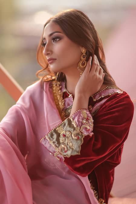 Shop_Negra Elegante_Red Silk Velvet, Dupatta Organza Pearl, Sequin And Embroidered Phiran Salwar Set_Online_at_Aza_Fashions
