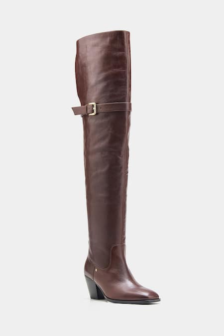 Oroh_Brown Buckles Paloma Genuine Leather Knee High Boots _Online_at_Aza_Fashions
