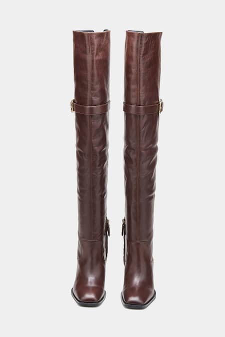 Shop_Oroh_Brown Buckles Paloma Genuine Leather Knee High Boots _Online_at_Aza_Fashions