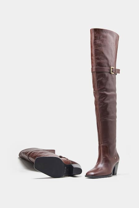 Oroh_Brown Buckles Paloma Genuine Leather Knee High Boots _at_Aza_Fashions