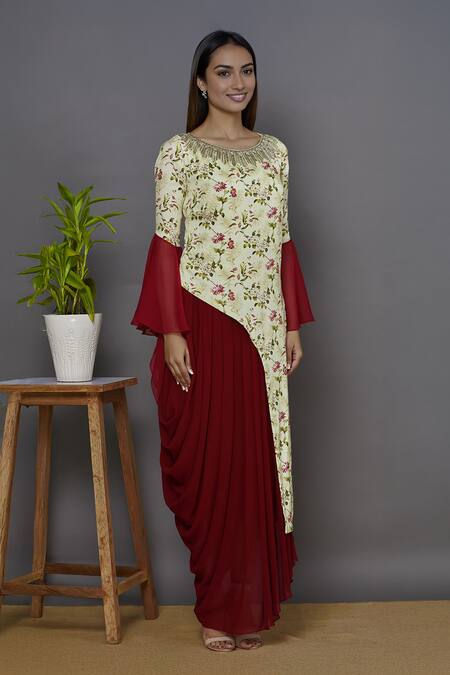 Buy_Aariyana Couture_Cream Georgette, Modal Beads, Sequins Round Neck Printed Draped Tunic