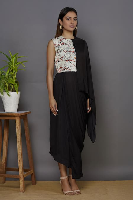 Buy_Aariyana Couture_Black Modal, Satin Round Neck Printed Draped Dress