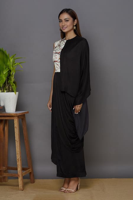 Shop_Aariyana Couture_Black Modal, Satin Round Neck Printed Draped Dress