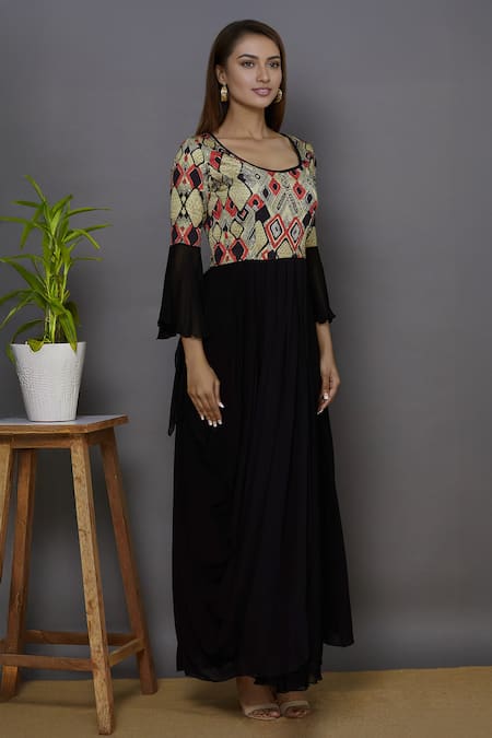 Buy_Aariyana Couture_Black Georgette, Modal Sequins, Beads Round Neck Printed Draped Tunic