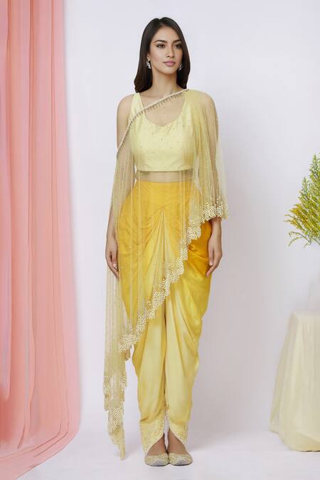 Aariyana Couture_Yellow Modal, Satin Pearls Asymmetric Embroidered Cape Dhoti Pant Set_Online_at_Aza_Fashions