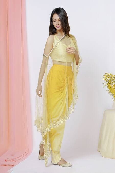 Aariyana Couture_Yellow Modal, Satin Pearls Asymmetric Embroidered Cape Dhoti Pant Set_at_Aza_Fashions