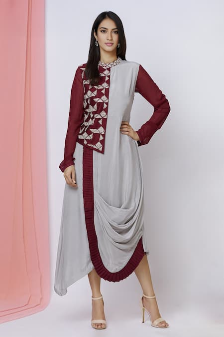 Buy Aariyana Couture Grey Georgette, Bamboo Embroidery Bandeau Neck Draped Tunic Online at Aza Fashions Buy_Aariyana Couture_Grey Georgette, Bamboo Embroidery Bandeau Neck Draped Tunic_Online_at_Aza_Fashions