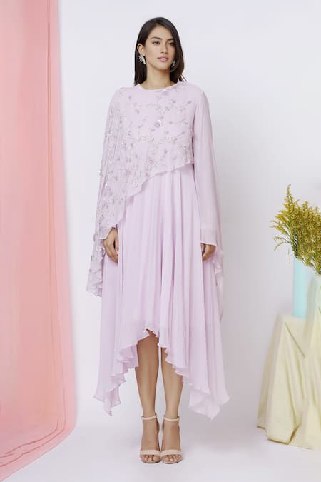 Aariyana Couture Purple Georgette Sequins Round Neck Asymmetric Dress With Cape