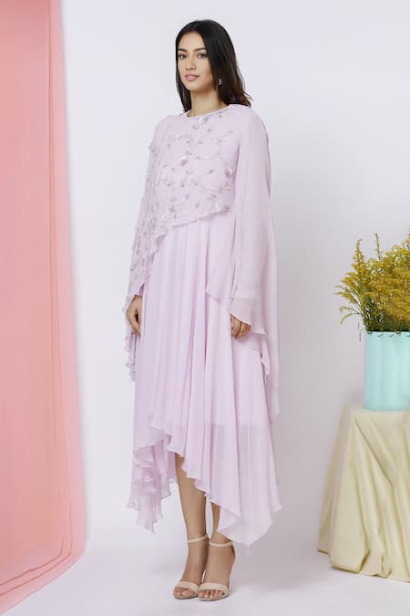 Aariyana Couture_Purple Georgette Sequins Round Neck Asymmetric Dress With Cape_Online_at_Aza_Fashions
