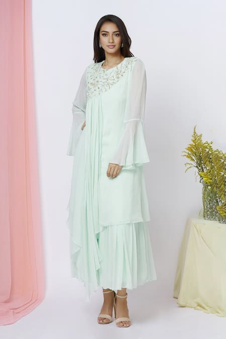 Aariyana Couture_Green Georgette, Bamboo Sequins Round Neck Layered Tunic_Online_at_Aza_Fashions