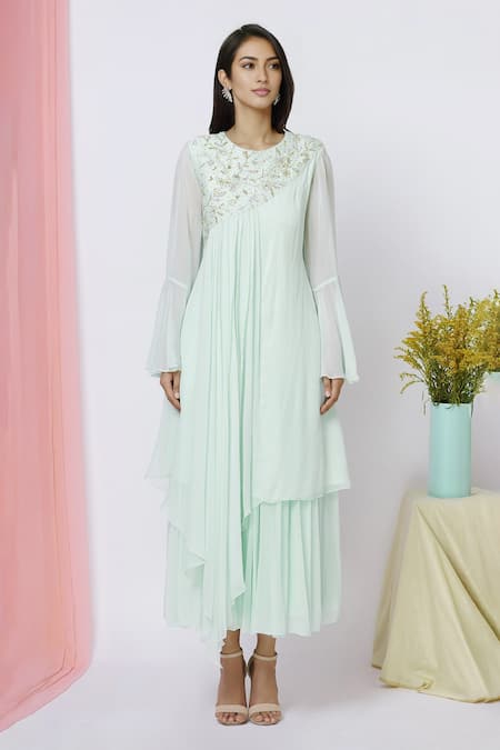 Shop_Aariyana Couture_Green Georgette, Bamboo Sequins Round Neck Layered Tunic_Online_at_Aza_Fashions