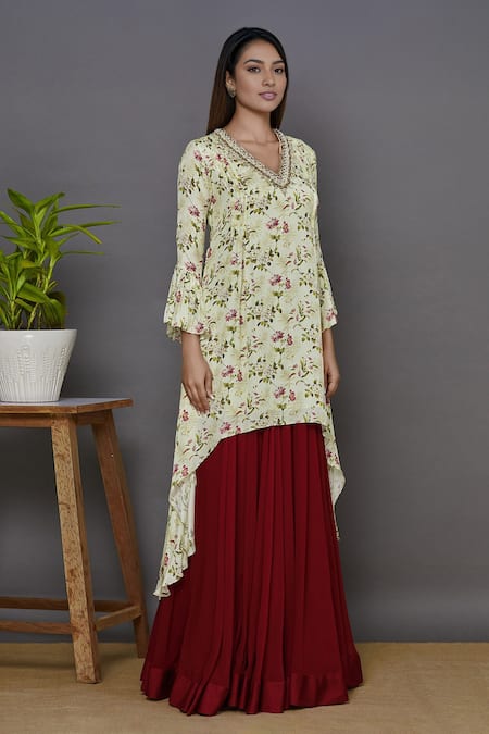 Aariyana Couture Cream Georgette, Modal, Silk Zari V-neck Printed Kurta Lehenga Set