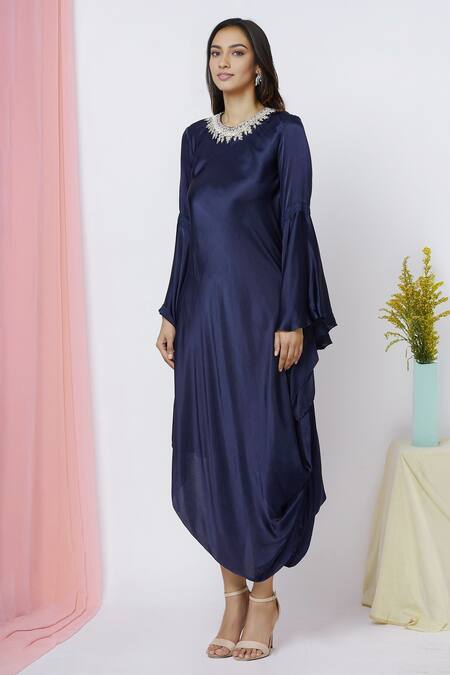 Buy Aariyana Couture Blue Modal, Satin Sequins Round Neck Draped Tunic Online at Aza Fashions Buy_Aariyana Couture_Blue Modal, Satin Sequins Round Neck Draped Tunic_Online_at_Aza_Fashions