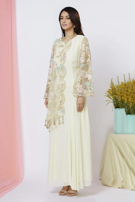 Buy_Aariyana Couture_Yellow Net, Georgette Embroidery Round Neck Overlay Tunic _Online_at_Aza_Fashions