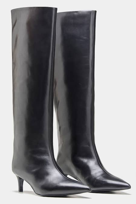 Oroh Black Paula Pointed Toe Kitten Heel Long Boots 