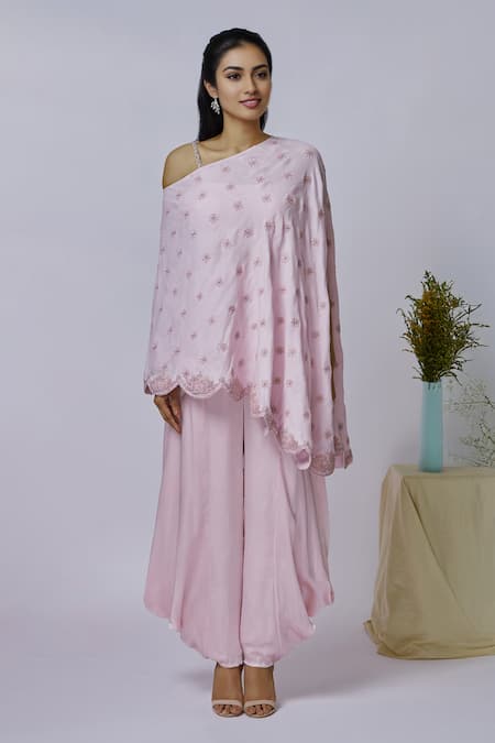 Buy_Aariyana Couture_Purple Silk, Satin, Modal Embroidery Square Neck, Round Cape Draped Pant Set_Online_at_Aza_Fashions