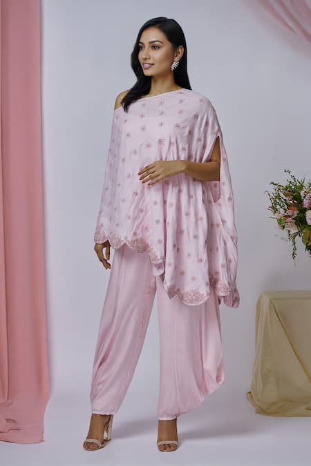 Aariyana Couture_Purple Silk, Satin, Modal Embroidery Square Neck, Round Cape Draped Pant Set_at_Aza_Fashions