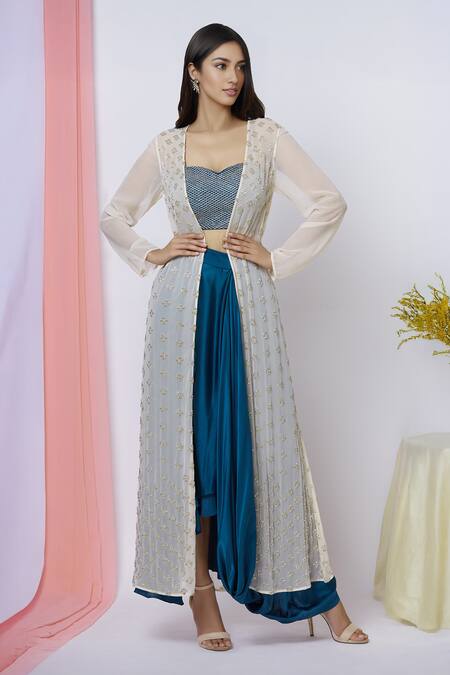 Shop Aariyana Couture Blue Georgette, Silk Embroidery Sweetheart , Open Draped Skirt Set Online at Aza Fashions Shop_Aariyana Couture_Blue Georgette, Silk Embroidery Sweetheart , Open Draped Skirt Set_Online_at_Aza_Fashions