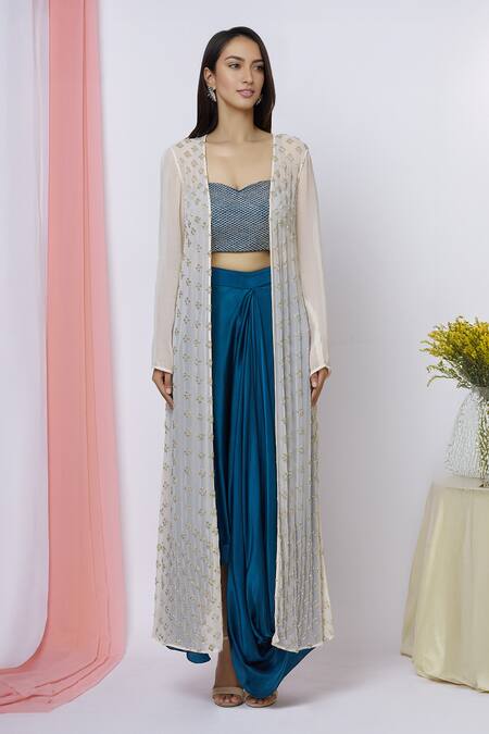 Buy Aariyana Couture Blue Georgette, Silk Embroidery Sweetheart , Open Draped Skirt Set Buy_Aariyana Couture_Blue Georgette, Silk Embroidery Sweetheart , Open Draped Skirt Set