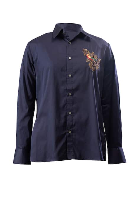 Rohit Bal_Blue Poplin Embroidery Bird Placement Shirt _Online_at_Aza_Fashions
