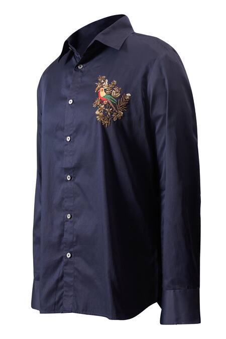 Shop_Rohit Bal_Blue Poplin Embroidery Bird Placement Shirt _Online_at_Aza_Fashions