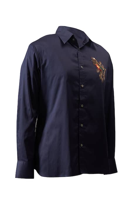 Rohit Bal_Blue Poplin Embroidery Bird Placement Shirt _at_Aza_Fashions
