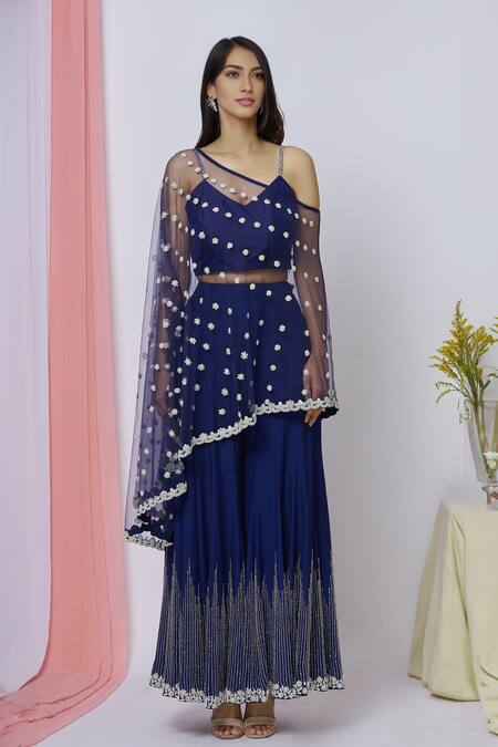 Shop_Aariyana Couture_Blue Silk, Net, Modal Zari, Embroidery, Sequins V-neck Cape Palazzo Set_Online_at_Aza_Fashions