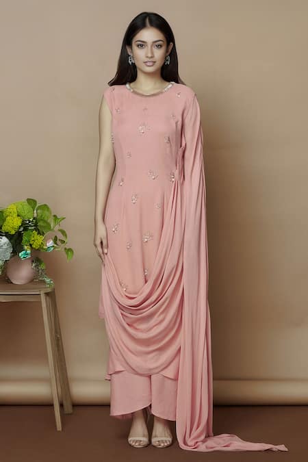 Buy Aariyana Couture Pink Georgette Embroidery Round Neck Kurta With Pants Online at Aza Fashions Buy_Aariyana Couture_Pink Georgette Embroidery Round Neck Kurta With Pants_Online_at_Aza_Fashions