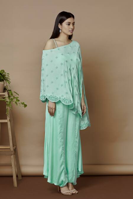 Shop_Aariyana Couture_Blue Modal, Satin, Mohair, Crepe, Silk Embroidery Square Neck Cape Pant Set_Online_at_Aza_Fashions