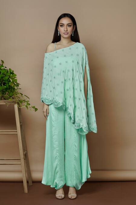 Aariyana Couture_Blue Modal, Satin, Mohair, Crepe, Silk Embroidery Square Neck Cape Pant Set_at_Aza_Fashions