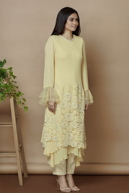 Buy_Aariyana Couture_Yellow Georgette, Bamboo, Silk Embroidery Round Neck Kurta With Pants_Online_at_Aza_Fashions