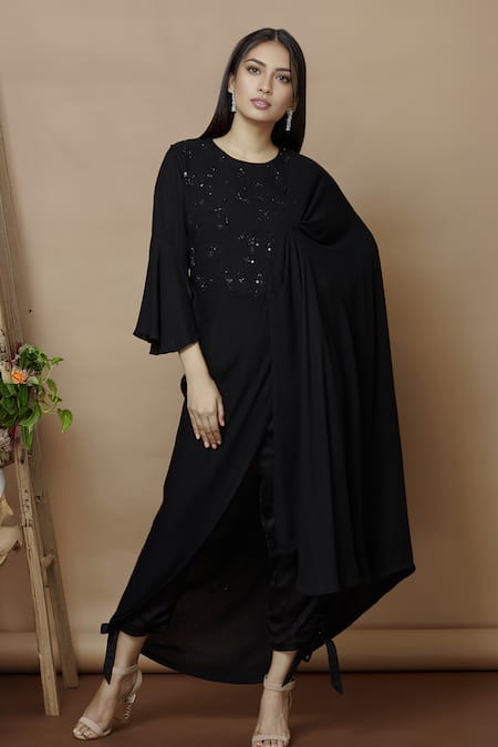 Aariyana Couture Black Satin Beads, Sequins Round Neck Embroidered Kurta With Pants