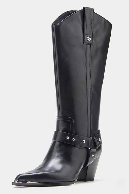 Buy_Oroh_Black Studs, Buckles Olivia Genuine Leather Long Boots With Block Heel _Online_at_Aza_Fashions