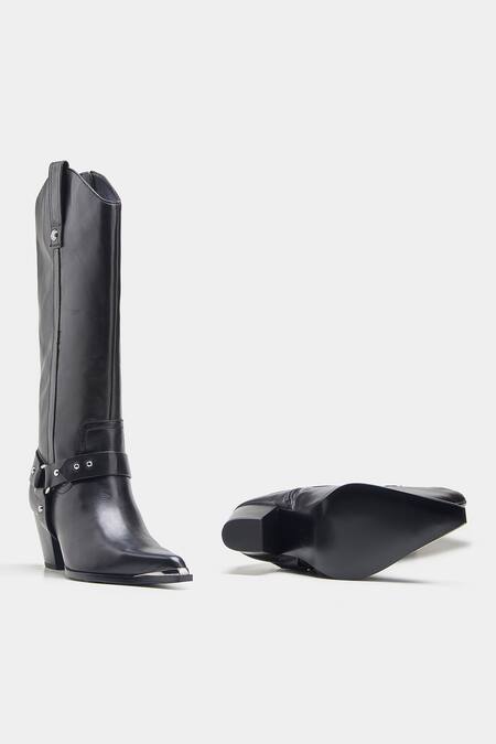 Oroh_Black Studs, Buckles Olivia Genuine Leather Long Boots With Block Heel _at_Aza_Fashions