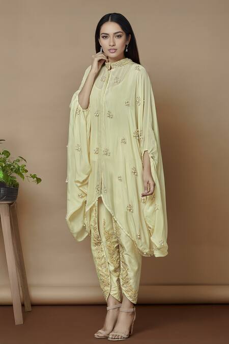 Aariyana Couture Yellow Crepe, Bamboo Beads, Sequins Bandeau Embroidered Kaftan With Dhoti Pants