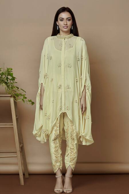 Aariyana Couture Yellow Crepe, Bamboo Beads, Sequins Bandeau Embroidered Kaftan With Dhoti Pants at Aza Fashions Aariyana Couture_Yellow Crepe, Bamboo Beads, Sequins Bandeau Embroidered Kaftan With Dhoti Pants_at_Aza_Fashions