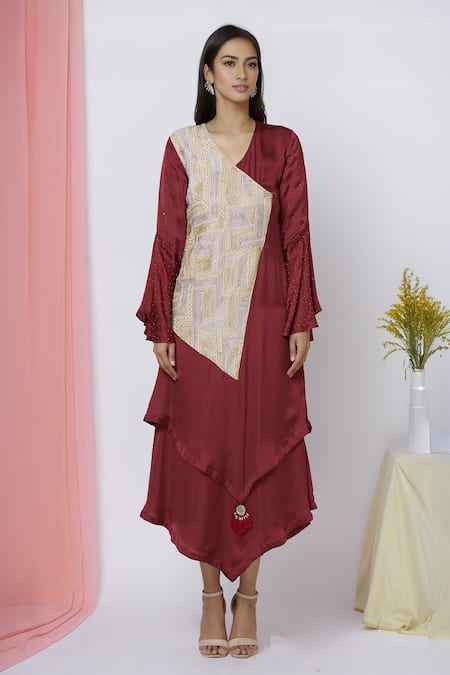 Aariyana Couture Maroon Bamboo, Modal Sequins, Embroidery V-neck Overlap Asymmetric Dress at Aza Fashions Aariyana Couture_Maroon Bamboo, Modal Sequins, Embroidery V-neck Overlap Asymmetric Dress _at_Aza_Fashions
