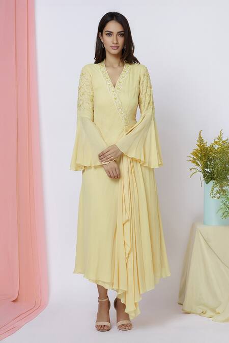 Buy_Aariyana Couture_Yellow Georgette Embroidery, Sequins V-neck Asymmetric Flared Tunic_Online_at_Aza_Fashions