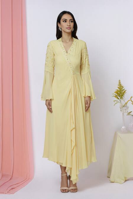 Aariyana Couture_Yellow Georgette Embroidery, Sequins V-neck Asymmetric Flared Tunic_at_Aza_Fashions