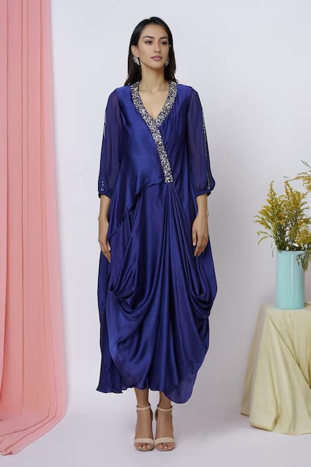 Buy_Aariyana Couture_Blue Modal, Satin Embroidery V-neck Draped Tunic_Online_at_Aza_Fashions