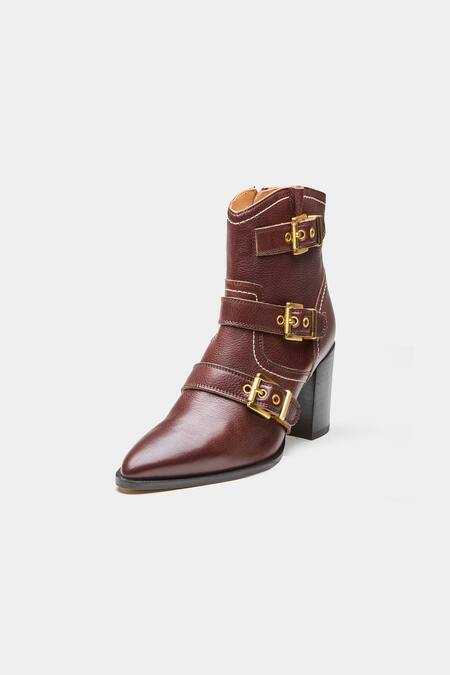 Oroh_Brown Buckles Teresa Detail Genuine Leather Ankle Boots _Online_at_Aza_Fashions